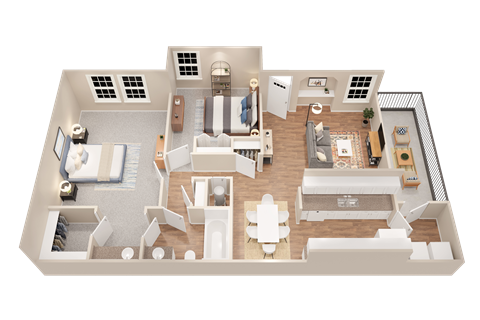 a 3d floor plan of a home with a bedroom and living room